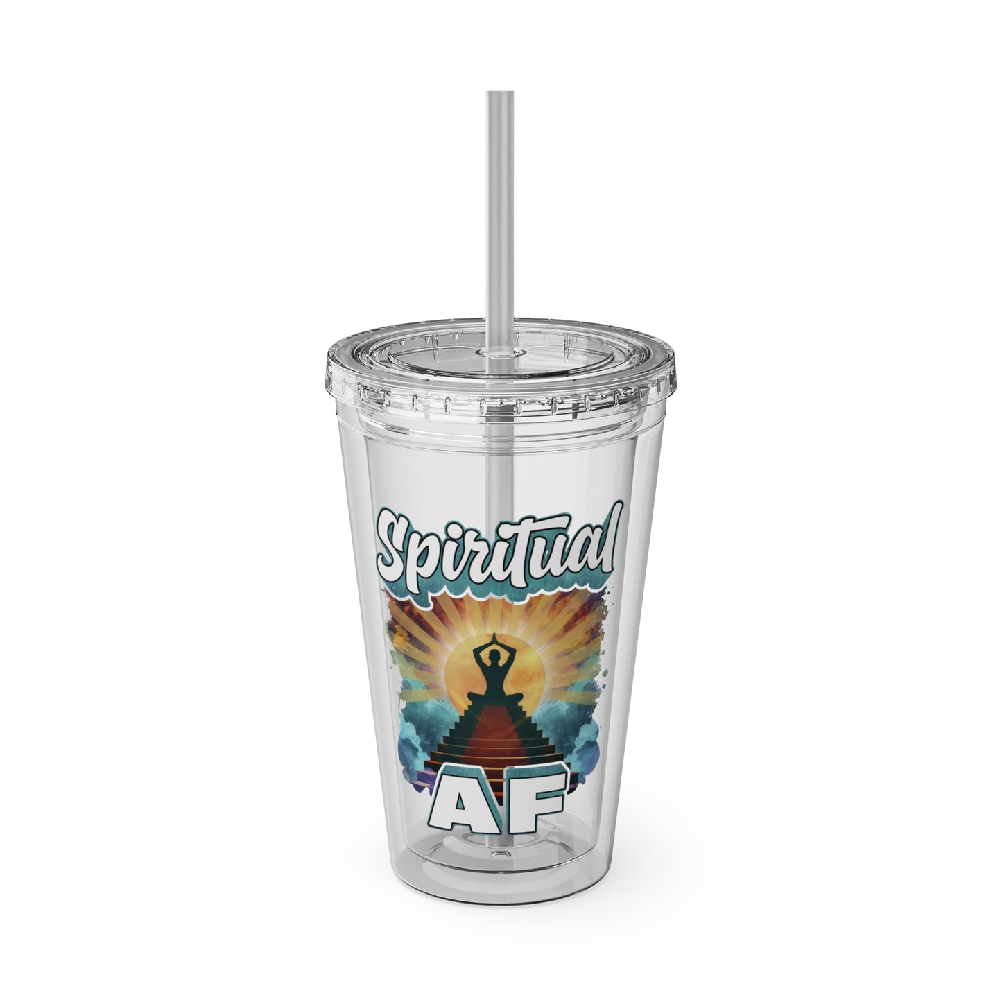 Spiritual AF Tumbler | 16oz Clear Sunsplash Cup with Straw | Vibrant Eco-Friendly Travel Mug for On-the-Go Hydration