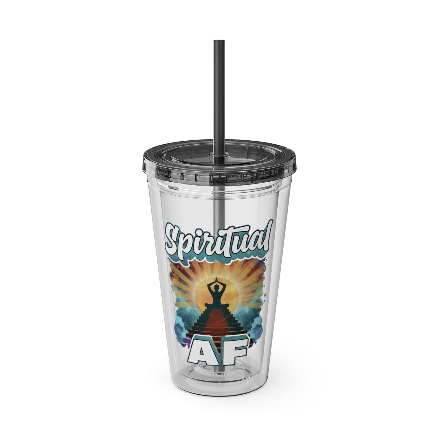 Spiritual AF Tumbler | 16oz Clear Sunsplash Cup with Straw | Vibrant Eco-Friendly Travel Mug for On-the-Go Hydration